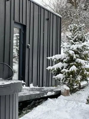 a snow covered tree in front of a building at Black Deer - z Sauną na Tarasie, Jacuzzi i Widokiem na Góry - by Deer Hills Luxury Apartments in Kocoń