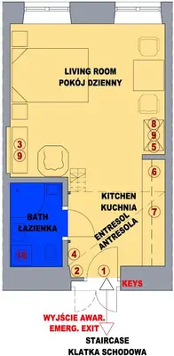 a floor plan of a living room and a bathroom at Colour-Box Studio, Wawel Castle Area in Kraków