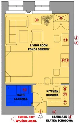 a floor plan of a living room and a kitchen at Knights&Lords Apartment, Old Town in Kraków