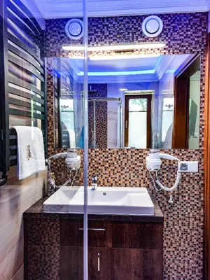 a bathroom with a sink and a shower at Beskidia - Noclegi w Beskidach in Roczyny