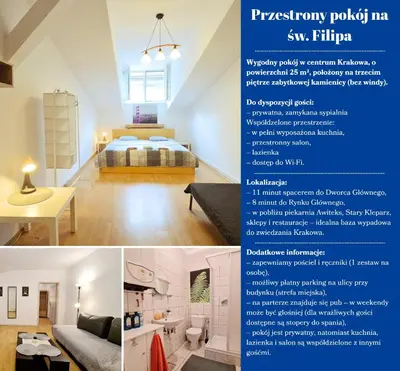 a collage of photos of a bedroom and a living room at Przestronny pokój w mieszkaniu na Filipa in Kraków