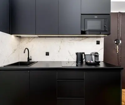 a black kitchen with a sink and a microwave at Wawel Apartments - Old Town in Kraków