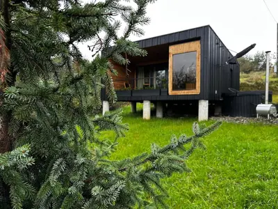 a black building in the snow with two trees at Brown Deer - z Sauną na Tarasie, Jacuzzi i Widokiem na Góry - by Deer Hills Luxury Apartments in Kocoń