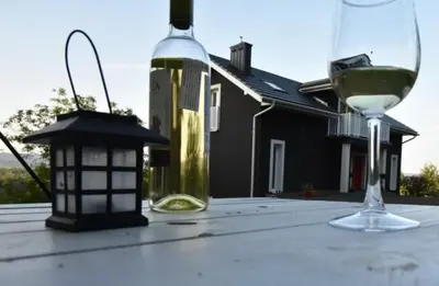 a bottle of wine and a glass on a table at Siedlisko na Agatowej w Rudnie in Rudno