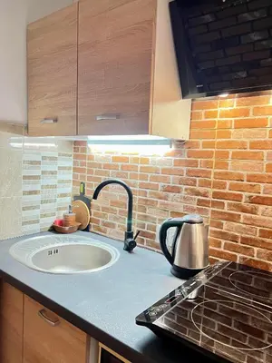 a kitchen with a sink and a brick wall at Antique apartment in Krakow in Kraków