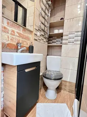 a small bathroom with a toilet and a sink at Antique apartment in Krakow in Kraków