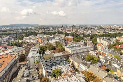 an aerial view of a city with buildings at Kraków Libra Apartment - AC - by Rentujemy in Kraków