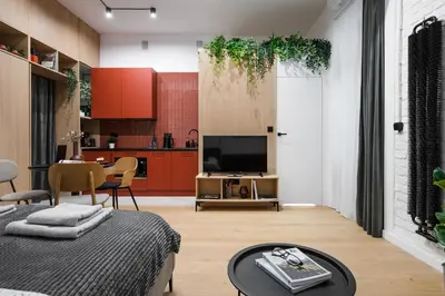 a living room with a television and a kitchen at D21 Art Vintage Old Town in Kraków