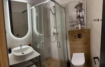 a bathroom with a shower and a sink and a toilet at Juli Apart in Kraków