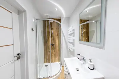 a white bathroom with a shower and a sink at Apartamenty Czerwona Róża in Wieprz