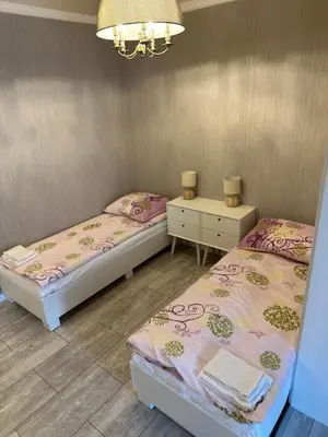 two twin beds in a room with a chandelier at Apartamenty Czerwona Róża in Wieprz