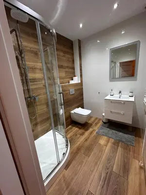 a bathroom with a shower and a toilet and a sink at Apartamenty Czerwona Róża in Wieprz