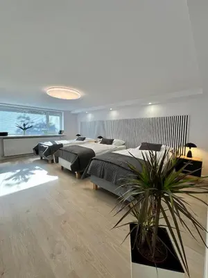 a bedroom with two beds and a potted plant at Apartamenty Oracka Przystań Solna 1 in Bochnia