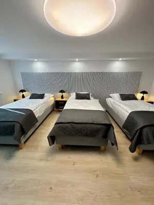 a bedroom with two beds and a large ceiling at Apartamenty Oracka Przystań Solna 1 in Bochnia
