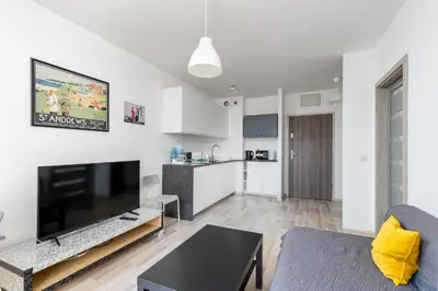 a living room with a couch and a tv at Borkowska Corner in Kraków