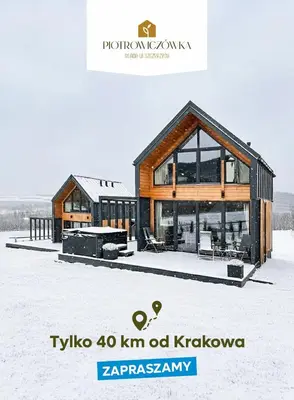 a rendering of a wooden house in the snow at Piotrowiczówka Osada w Szczyrzycu in Szczyrzyc