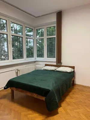 a bedroom with a bed in a room with windows at Krowoderska Lovely Room in Kraków