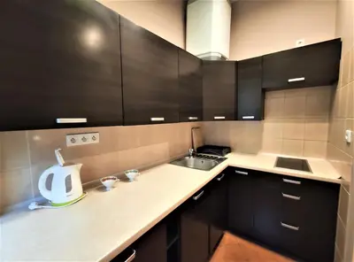 a small kitchen with black cabinets and a sink at Abak Krakow Apartment in Kraków
