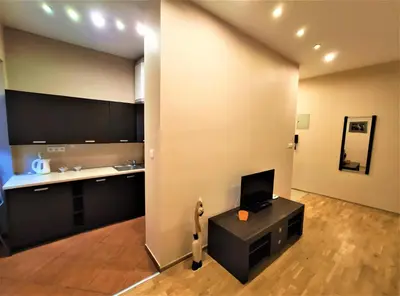 a kitchen with black cabinets and a tv in a room at Abak Krakow Apartment in Kraków