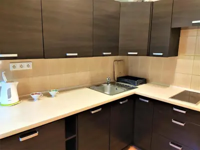 a kitchen with brown cabinets and a sink at Abak Krakow Apartment in Kraków