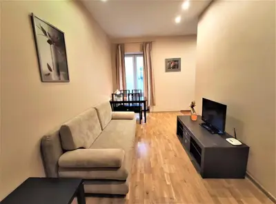 a living room with a couch and a tv at Abak Krakow Apartment in Kraków