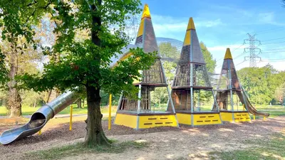 a playground with a slide and a tree at MintKrak in Kraków