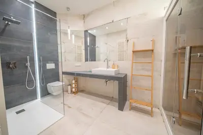 a bathroom with a shower and a sink and a toilet at Apartamenty pod Jagnięciem - Rynek Główny in Kraków