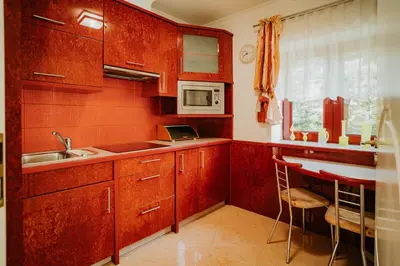 a kitchen with wooden cabinets and a sink and a microwave at Apartamenty pod Dzwonkiem in Wadowice