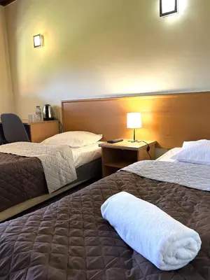 a hotel room with two beds and a lamp at Centrum Aktywnego Wypoczynku Borek in Rzezawa