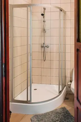 a shower with a glass door in a bathroom at Centrum Aktywnego Wypoczynku Borek in Rzezawa