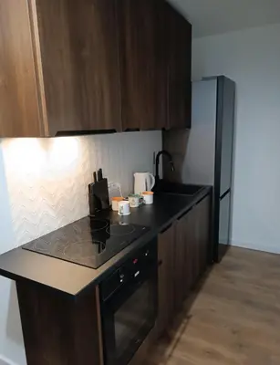 a kitchen with a stove top oven next to a refrigerator at Cracow Stay Inn Home in Kraków