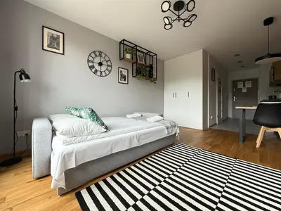 a living room with a couch and a rug at Halicka Apartment Free Parking by CityBeat in Kraków