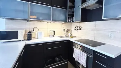 a kitchen with black cabinets and a sink at Sunny Apartment near Krakus Mound in Kraków