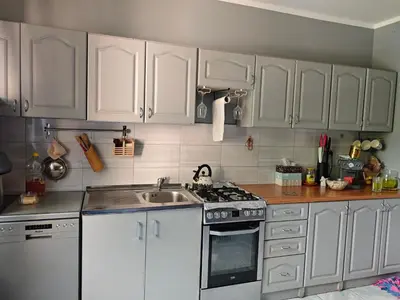 a kitchen with white cabinets and a sink at Bramka do lasu in Dąbrowa Górnicza
