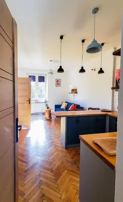 a kitchen and living room with a couch in the background at Old Town Parkview Apartment in Kraków