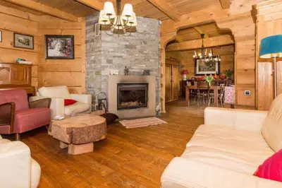a living room with a couch and a fireplace at Holzvilla Nähe Krakau in Krzywaczka