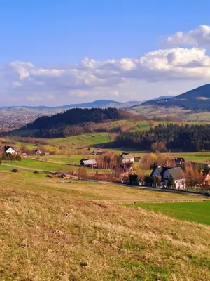 a field of grass with houses and mountains in the background at Górska Otulina in Wilkowisko