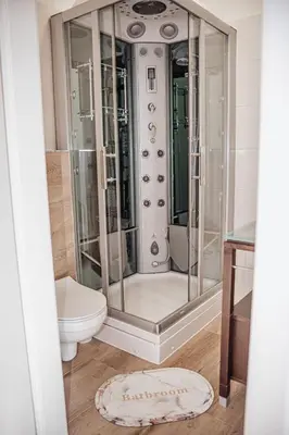 a bathroom with a shower and a toilet at Zajazd Hetmański-Noclegi-Nowy Wiśnicz in Nowy Wiśnicz