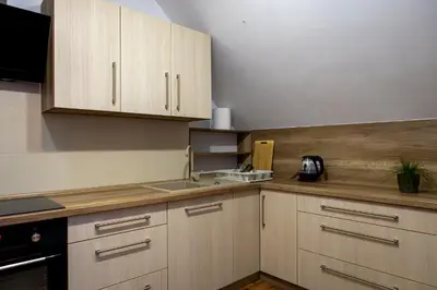 a kitchen with wooden cabinets and a sink at Ostoja w Górach in Bieńkówka