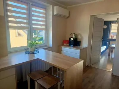 a counter with a plant on top of it at Apartament U ELI z prywatnym tarasem in Oświęcim