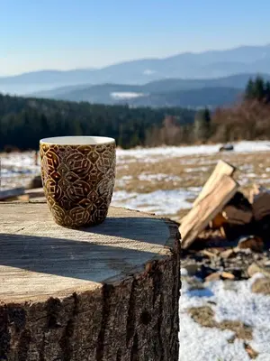 a coffee cup sitting on top of a tree stump at Closer to Heaven, 825m above sea, Koskowa Mtn in Bogdanówka