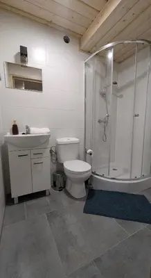 a bathroom with a shower and a toilet and a sink at Domek wypoczynkowy Górskie Zacisze II in Sidzina