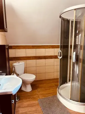 a bathroom with a toilet and a sink and a shower at Noclegi Missterium in Wojnicz