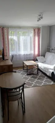 a living room with a bed and a coffee table at Na Podwalu in Jaworzno
