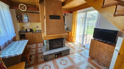 a living room with a fireplace and a television at Mały domek in Lubomierz