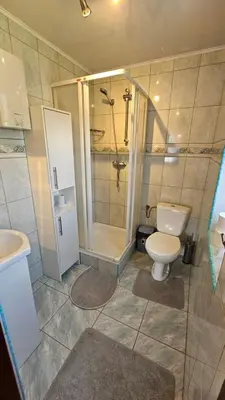 a bathroom with a toilet and a shower and a sink at Mały domek in Lubomierz