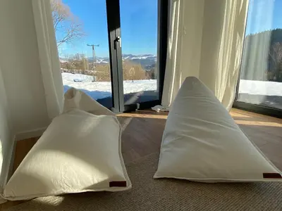 two white pillows sitting in front of a window at Słoneczna przystań pod Luboniem in Rabka