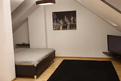 a bedroom with a bed and a flat screen tv at Apartament z sauną i jacuzzi in Kraków
