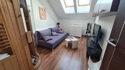 a living room with a couch and a tv at Apartament z sauną i jacuzzi in Kraków
