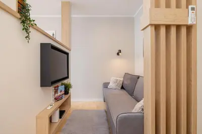 a living room with a couch and a flat screen tv at Apartamenty Warszauera z Klimatyzacją na Krakowskim Kazimierzu by Noclegi Renters in Kraków